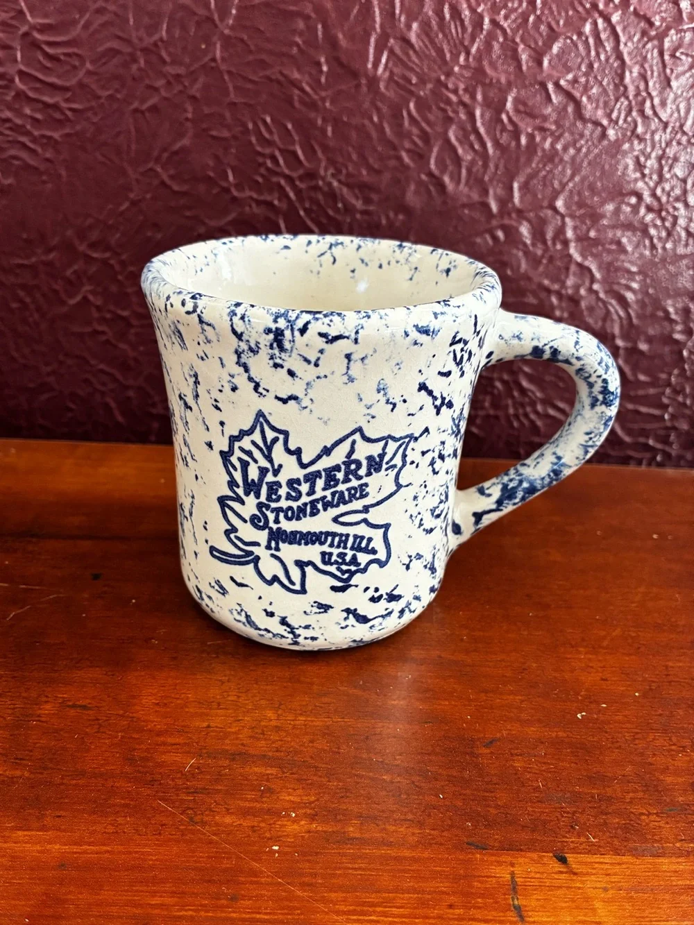 Vintage Western Stoneware Co. Mug Blue Spongeware Coffee Cup 8oz Monmouth U.S.A